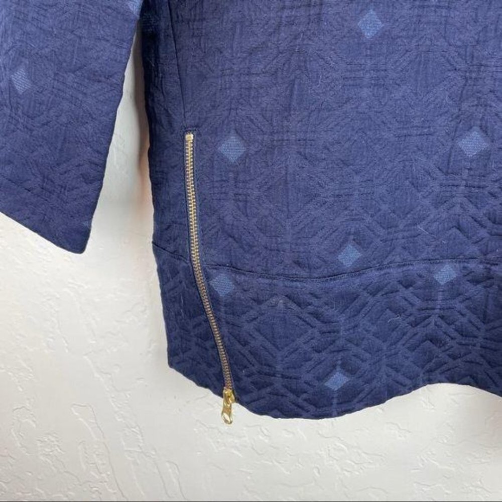 J Crew Blue Brocade Quilted Zip Layering Top Womens Size 00 3/4 Sleeve Side Zips - Picture 5 of 9